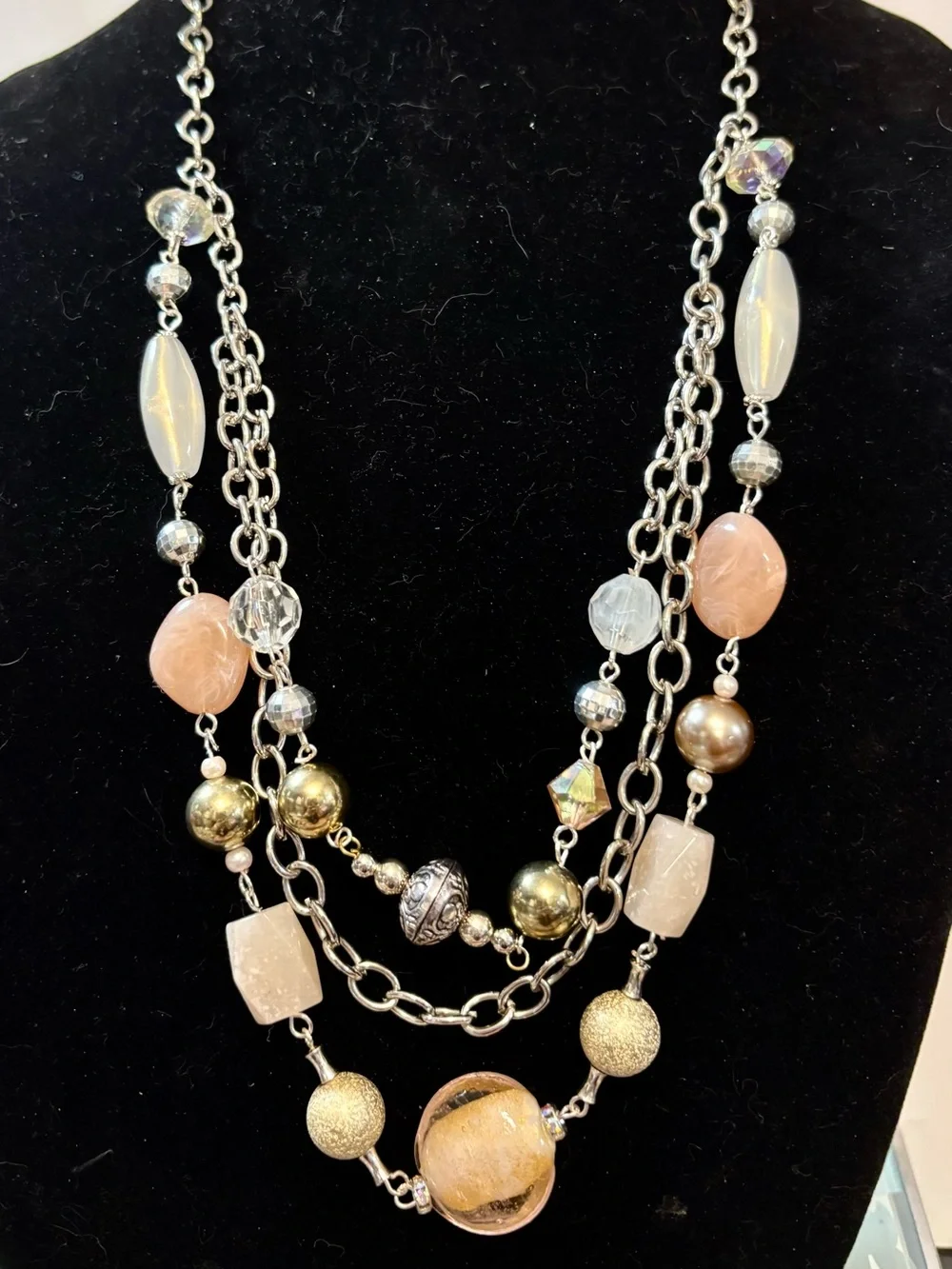 Multi-Layered Pink and Mixed Metal Hand Beaded Women's Necklace
